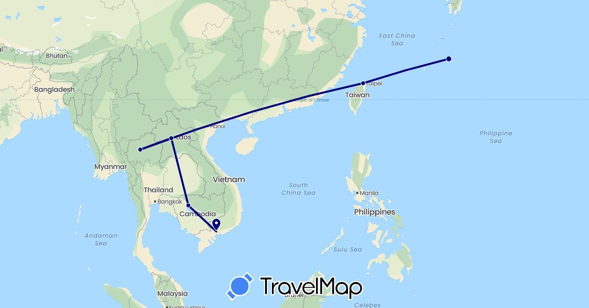TravelMap itinerary: driving in Cambodia, Laos, Thailand, Taiwan, Vietnam (Asia)